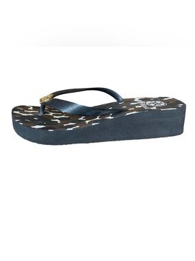 Tory Burch gold logo spotted print Black White Wedge Sandals Flip Flop Size 8